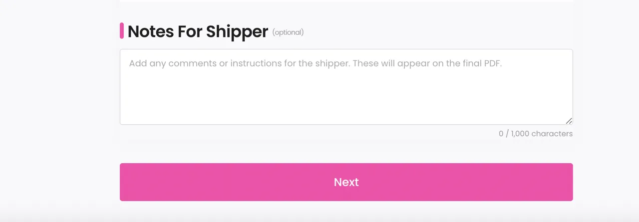 Notes for Shipper in quotation
