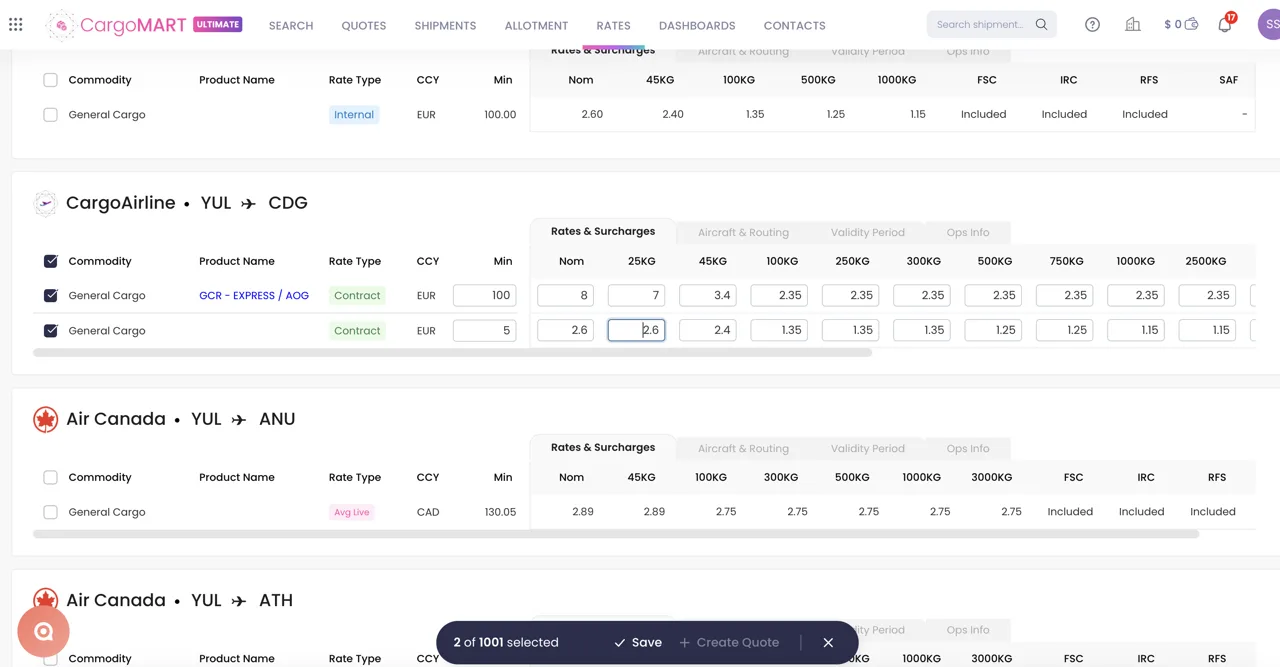 Inline rate editing in RMS