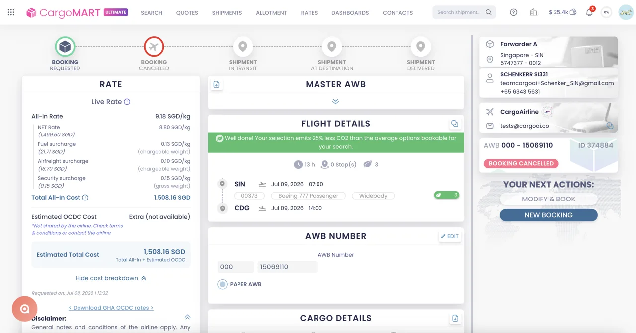 New Booking button for cancelled shipments